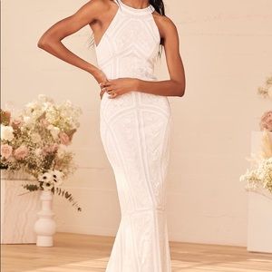 Lulus Tell Me Everything White Beaded Sequin Halter Maxi Dress